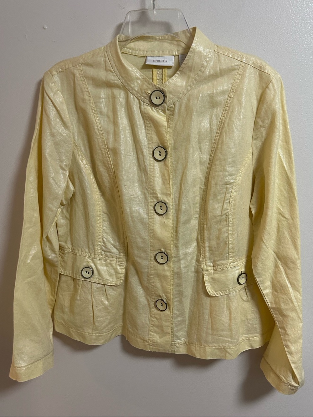 Chico's Pastel Shimmery Yellow Linen Blend Button-Front Blazer Jacket Size 1 / M